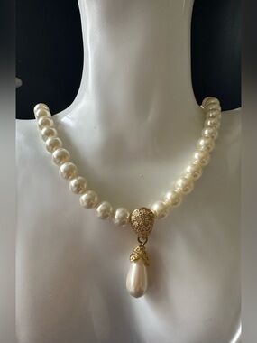 NAPIER Signed Gold Faux Pearl Teardrop & Rhinestone Necklace Hook & Eye Clasp
